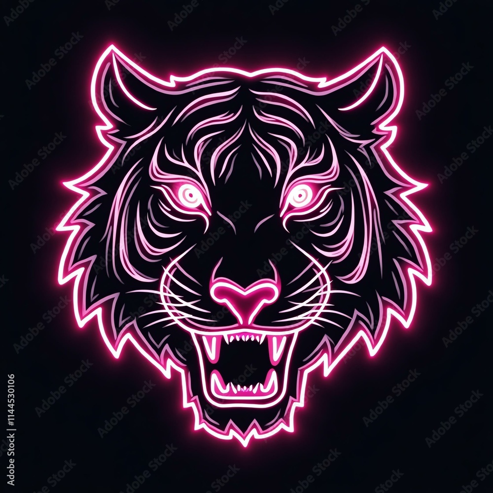 Fototapeta premium A stunning illustration of tiger head icon in neon line black background