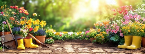 Bright garden scene with colorful flowers, yellow boots, and gardening tools ...