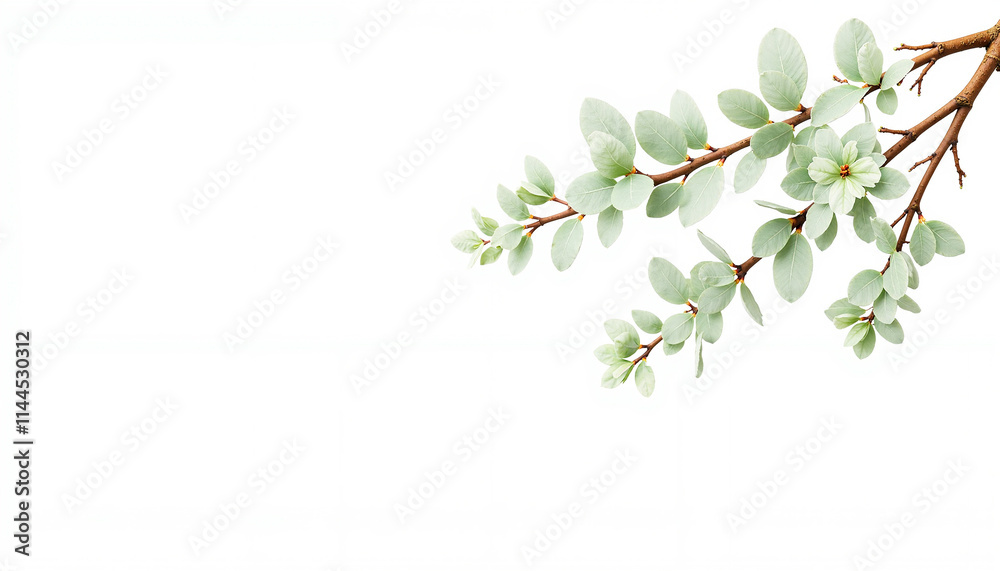 Fresh green eucalyptus leaves gracefully arranged on a branch against a white background for copy space Fresh green eucalyptus leaves gracefully arranged on a branch against a white background for copy space