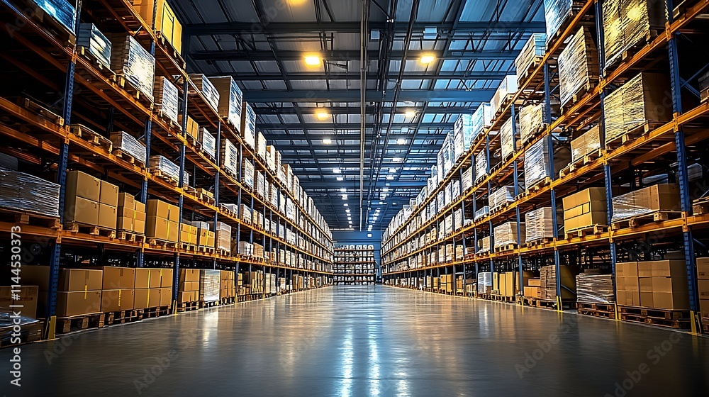 Fototapeta premium Modern Warehousing Facility with Extensive Racks for Goods and Inventory Management : Generative AI