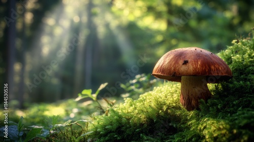 Mushroom growing in a sunlit forest during early morning, surrounded by lush ...