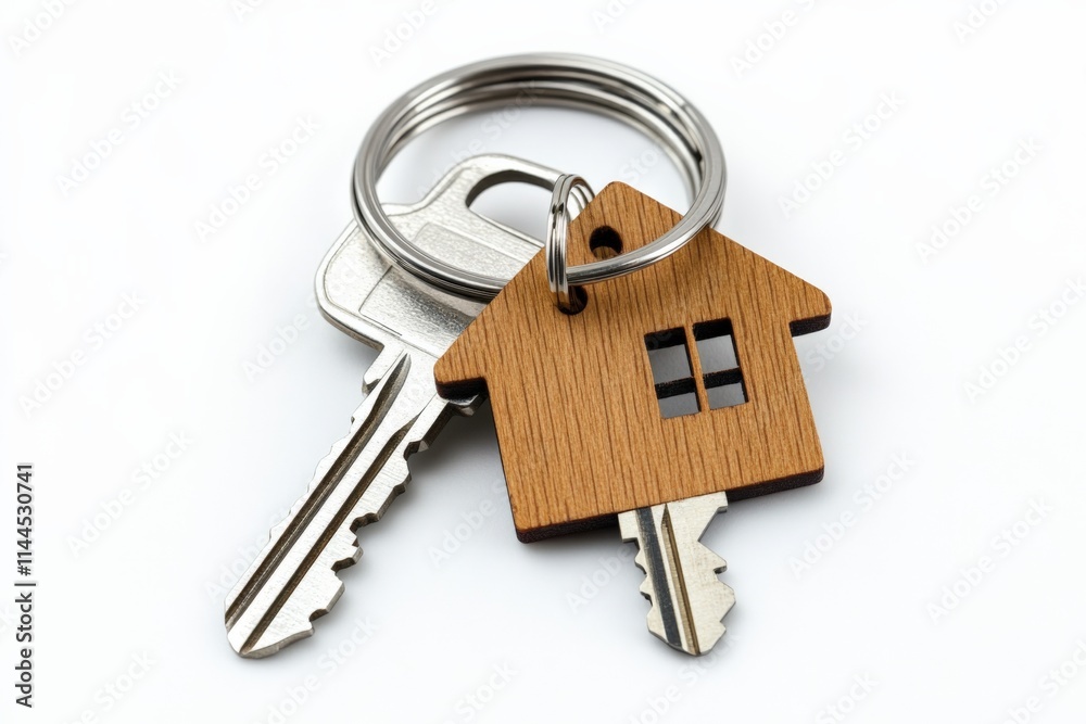 A set of keys with a house key chain on a white background