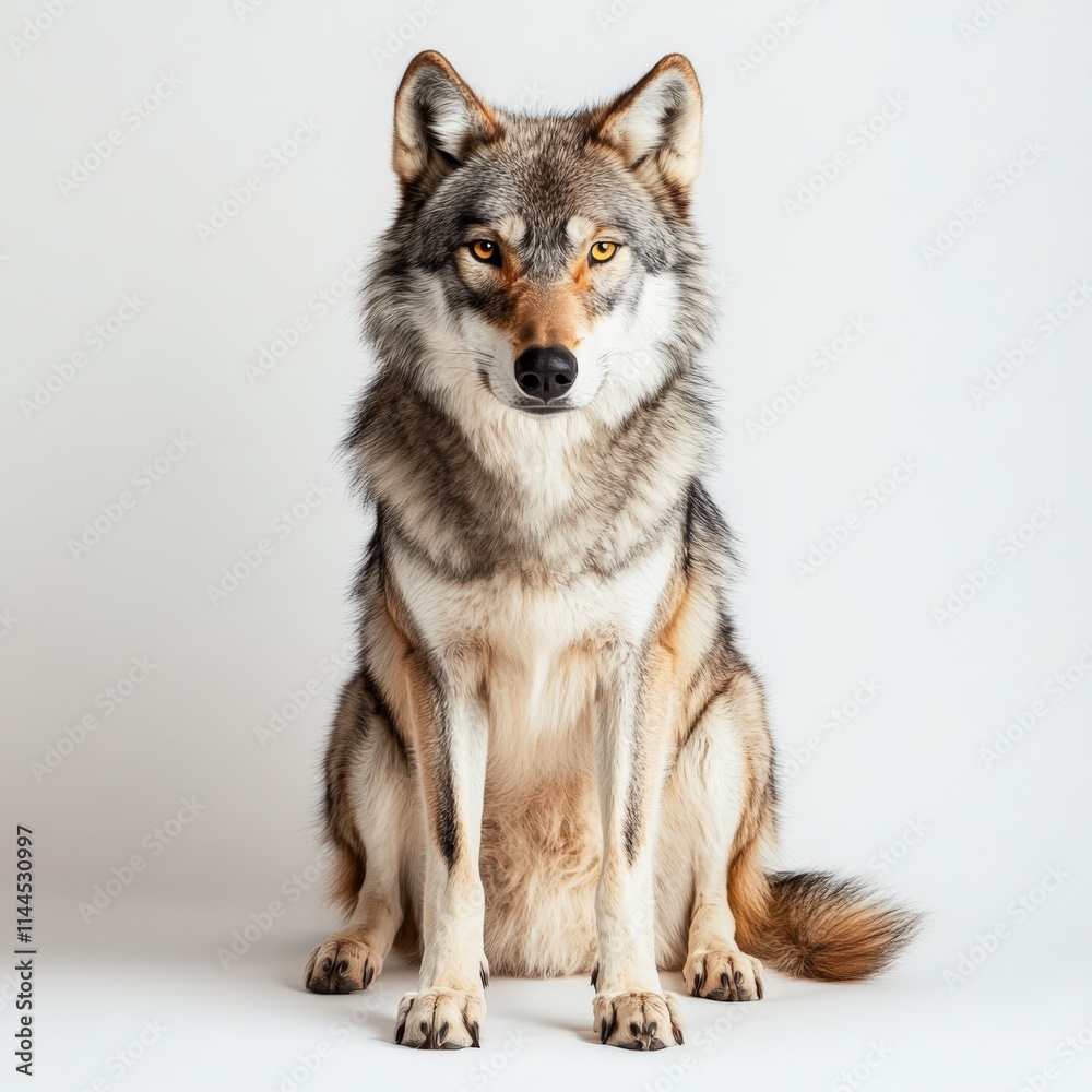Fototapeta premium A grey wolf sitting on a white background