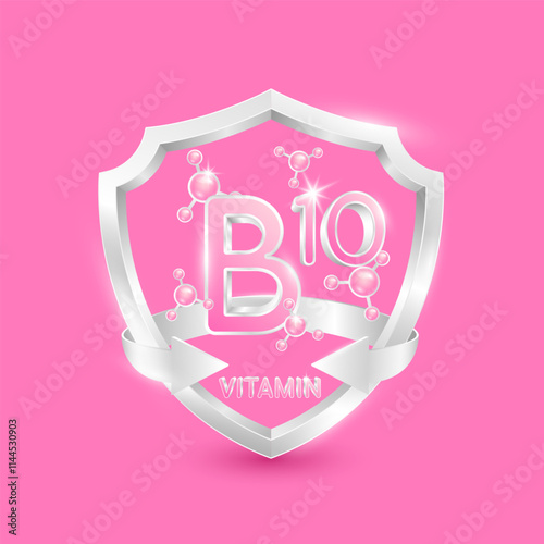 Pink vitamin B10 in silver shield with atom molecules surrounded by arrows. Nutrients necessary for building immunity and protect the body stay healthy. For nutrition products food. 3D Vector.