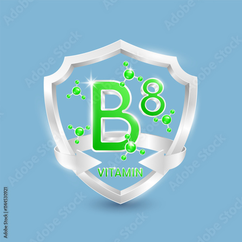 Green vitamin B8 in silver shield with atom molecules surrounded by arrows. Nutrients necessary for building immunity and protect the body stay healthy. For nutrition products food. 3D Vector.