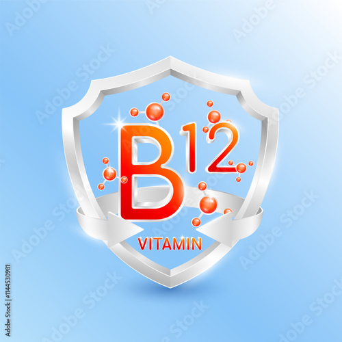 Red vitamin B12 in silver shield with atom molecules surrounded by arrows. Nutrients necessary for building immunity and protect the body stay healthy. For nutrition products food. 3D Vector.