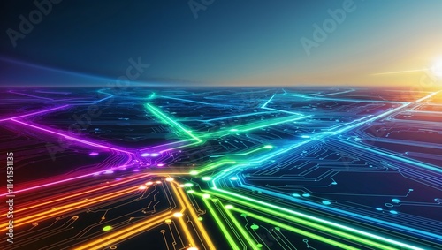 A captivating neon tunnel bursting with vibrant colors, showcasing futuristic glowing network lines. photo