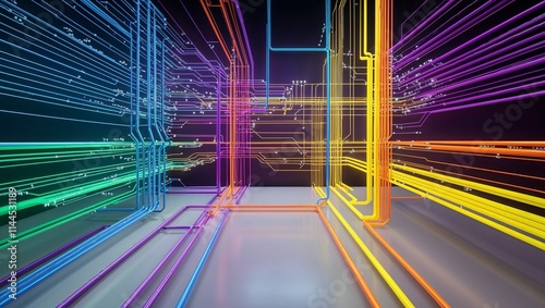 A captivating neon tunnel bursting with vibrant colors, showcasing futuristic glowing network lines. photo