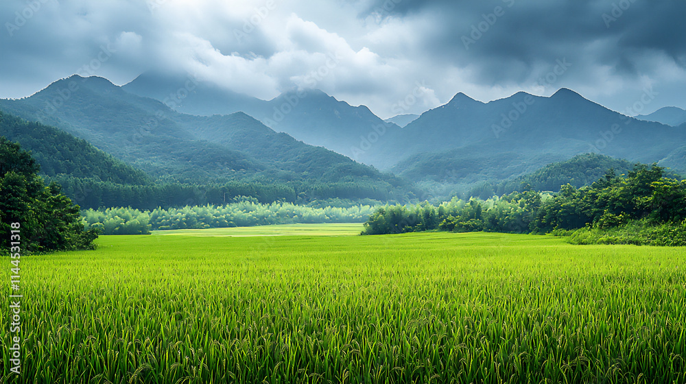 Fototapeta premium a peaceful rural landscape featuring lush green korean rice fields with t