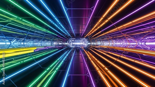 A captivating neon tunnel bursting with vibrant colors, showcasing futuristic glowing network lines. photo