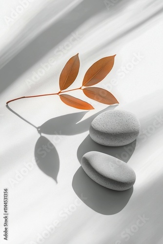 Two smooth white stones casting shadows on a light background with green leav...