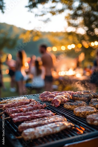 Cooking delicious grilled meat at a summer barbecue during sunset in a lively...