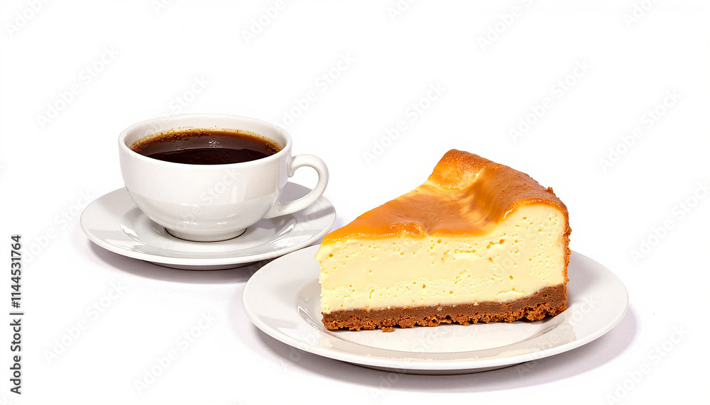 Delicious slice of cheesecake served with a cup of black coffee on a clean background for copy space Delicious slice of cheesecake served with a cup of black coffee on a clean background for copy space