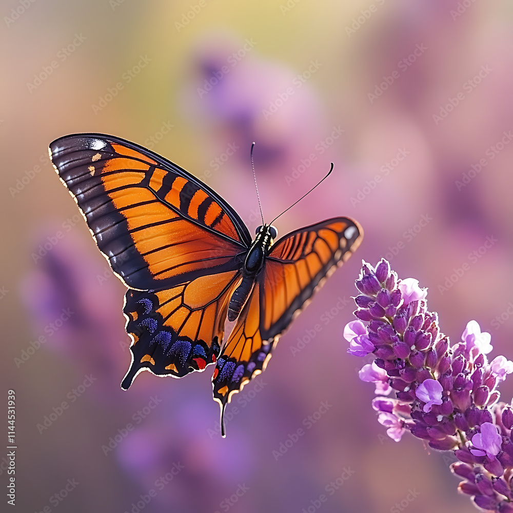Obraz premium Stunning Butterfly Fluttering Gracefully Through a Beautiful Lavender Garden, Captured in Mid-Flight Displaying Vibrant Colors and Intricate Wing Patterns