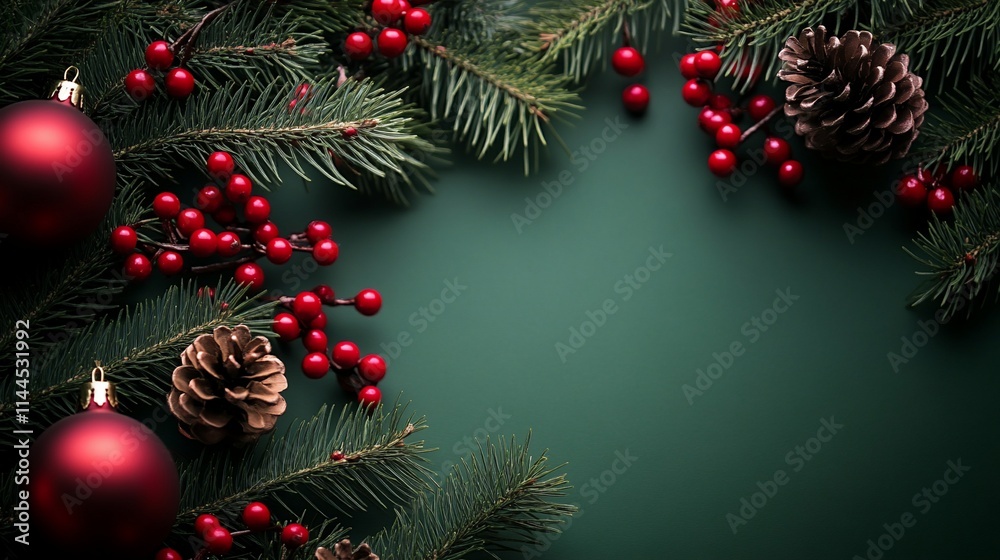 Festive arrangement with pine branches, ornaments, and berries. Festive arrangement with pine branches, ornaments, and berries.