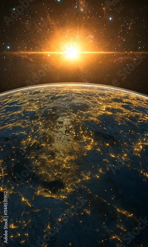 A breathtaking view of Earth from space at sunrise, highlighting city lights and cosmic beauty.