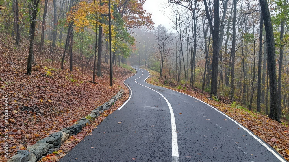 Fototapeta premium Curving road through a foggy, colorful autumn forest.
