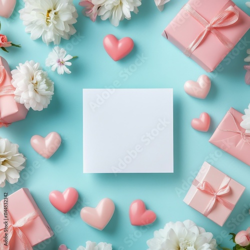Delicate pink gifts and flowers arranged on a soft blue background create a c...
