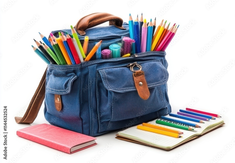 Fototapeta premium Colorful Art Supplies in a Stylish Craft Bag with Notebooks and Pens on a White Background for Creative Projects and Artistic Expressions