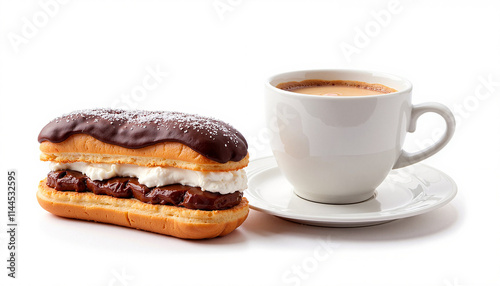 Coffee cup with chocolate eclair on white background, copy space, trendy dessert photography