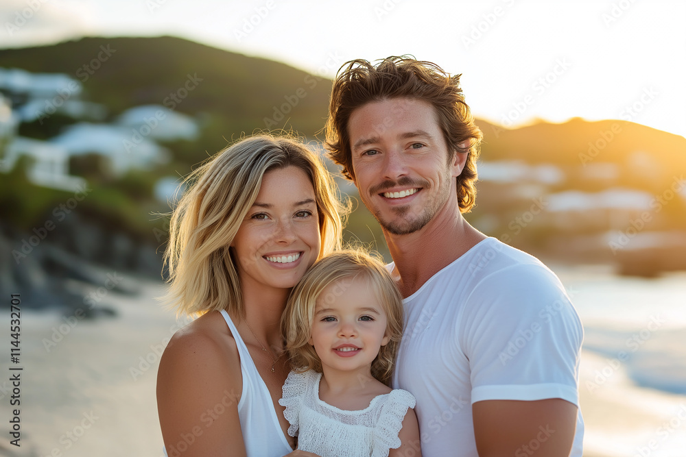 Family photo of father, mother and daughter, beach background Family photo of father, mother and daughter, beach background