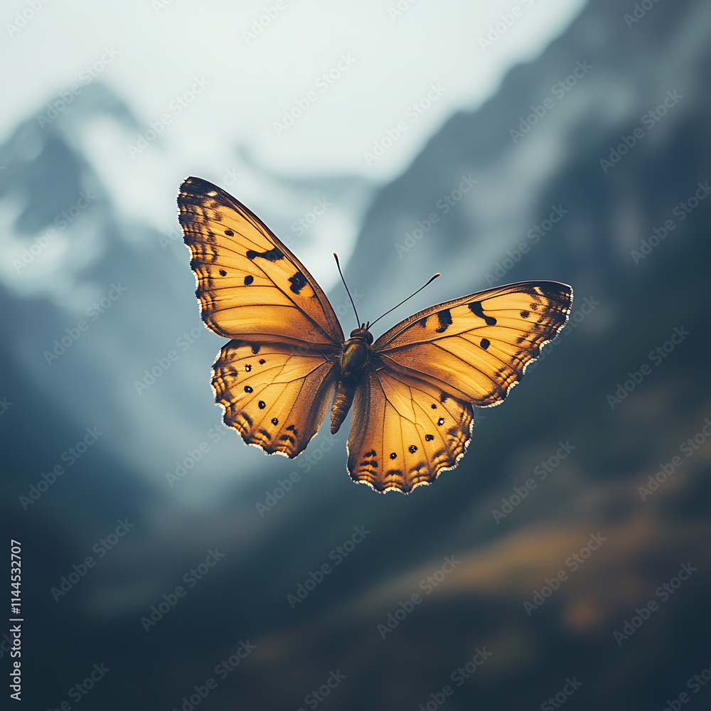 Obraz premium A Vibrant Butterfly Fluttering Above Majestic Mountain Ranges, Capturing the Essence of Nature's Beauty and Freedom in a Serene Landscape