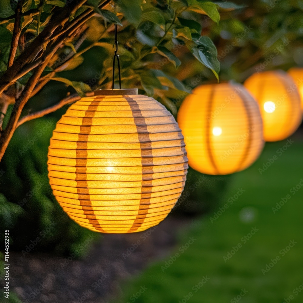Fototapeta premium Warm Glowing Lanterns Illuminating a Row in a Tranquil Garden Setting