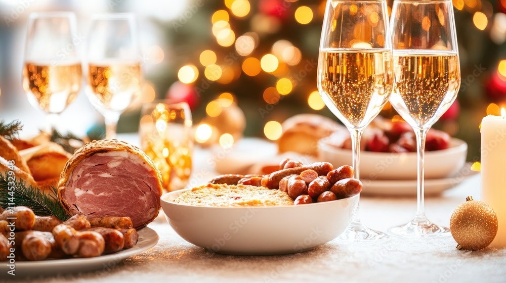 Holiday Feast: Full Christmas Dinner Table with Snacks and Tree Lights Holiday Feast: Full Christmas Dinner Table with Snacks and Tree Lights