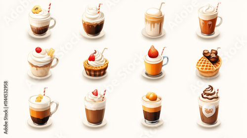 Latte coffee cup icon for cafe. Cappuccino drink set. Caramelmacchiato with cream in take away isolated design. Waffle dessert and cocoa beverage with straw asset for bakery or restaurant ui photo