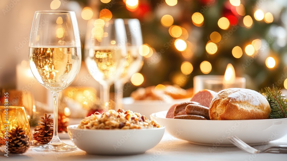Elegant Christmas Dinner Table with New Year's Decor and Food Elegant Christmas Dinner Table with New Year's Decor and Food