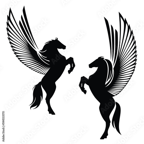 mythical pegasus rearing up - side view winged horse black and white vector silhouette outline design set