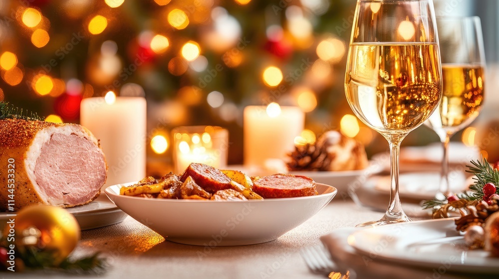 Holiday Feast: Christmas Dinner Table with Snacks and Tree in Background Holiday Feast: Christmas Dinner Table with Snacks and Tree in Background