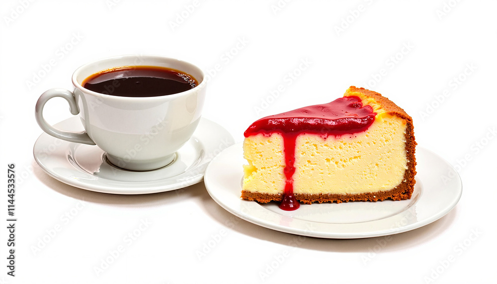 Coffee cup with cheesecake slice topped with raspberry sauce on white background, copy space, trendy dessert photography Coffee cup with cheesecake slice topped with raspberry sauce on white background, copy space, trendy dessert photography