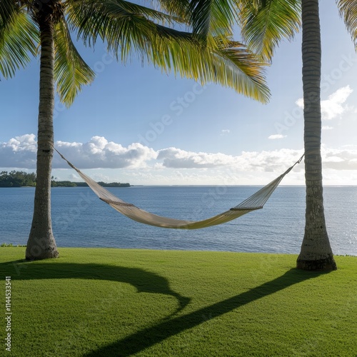 Serene Hammock Strung Between Two Palm Trees Overlooking Calm Blue Waters