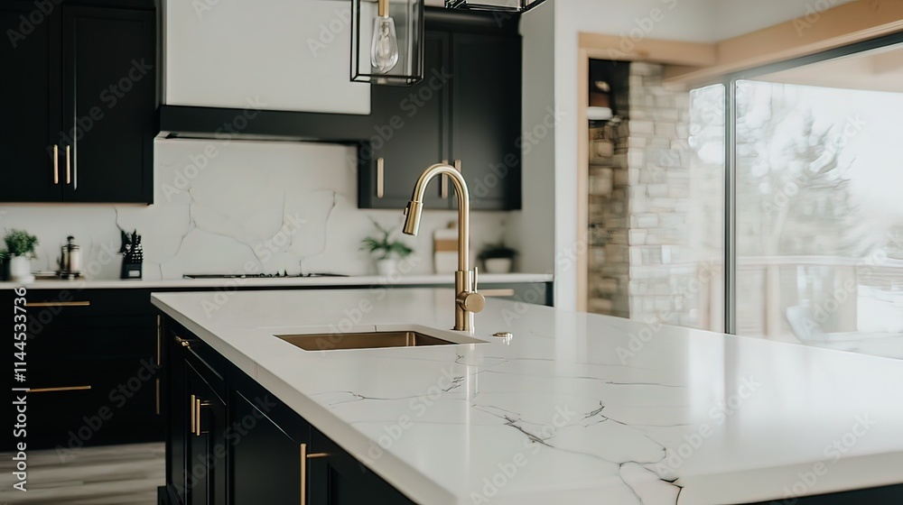 Modern kitchen island with white quartz countertop, gold faucet, and dark cabinetry. Modern kitchen island with white quartz countertop, gold faucet, and dark cabinetry.