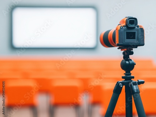 A vibrant camera on a tripod set against a blurred orange background, ready for capturing moments in a modern setting. photo