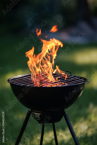 Outdoor grill with vibrant flames in a backyard setting during a sunny day