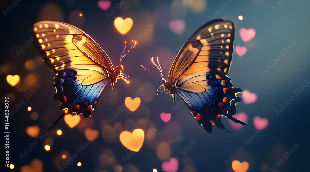 Two vibrant butterflies flutter among colorful heart-shaped bokeh, creating a whimsical and romantic atmosphere. Two vibrant butterflies flutter among colorful heart-shaped bokeh, creating a whimsical and romantic atmosphere.