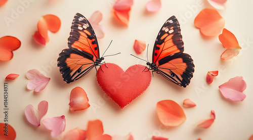 Two vibrant butterflies surround a red heart on a bed of rose petals, symbolizing love and beauty in a romantic setting. photo