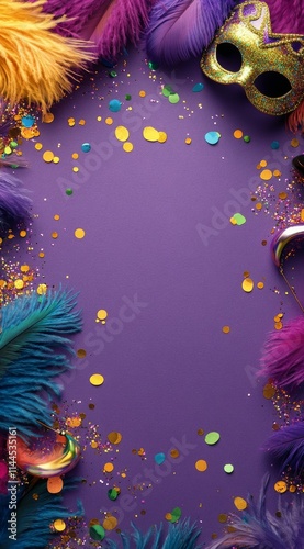 Colorful carnival masks adorned with feathers and sequins resting on a vibran...