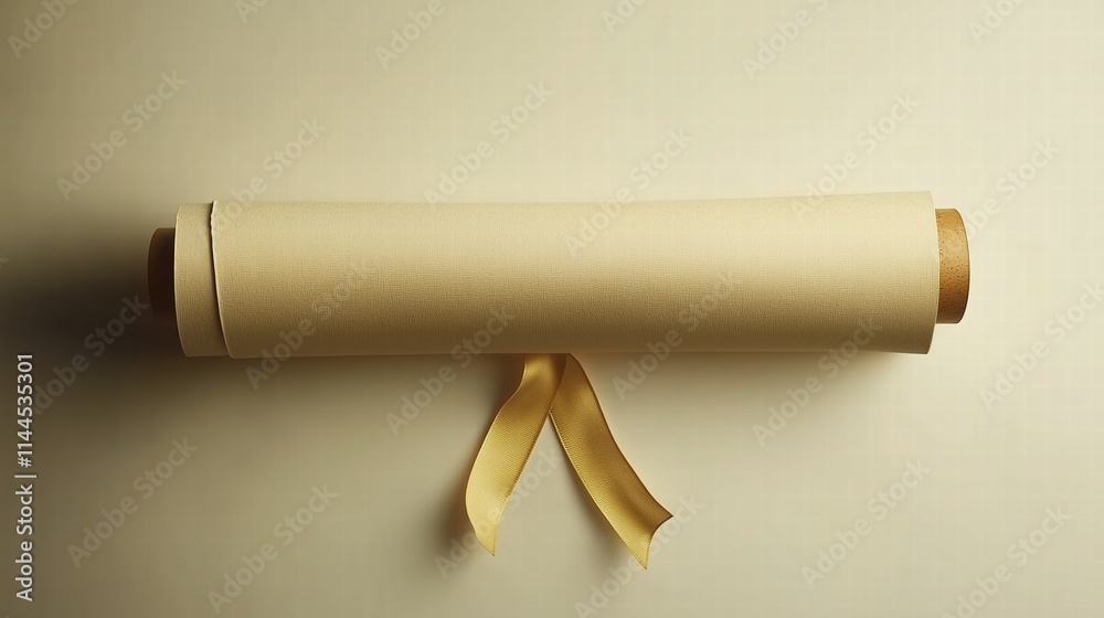 Beige rolled fabric with ribbon on neutral background. Creative packaging or decor concept Beige rolled fabric with ribbon on neutral background. Creative packaging or decor concept