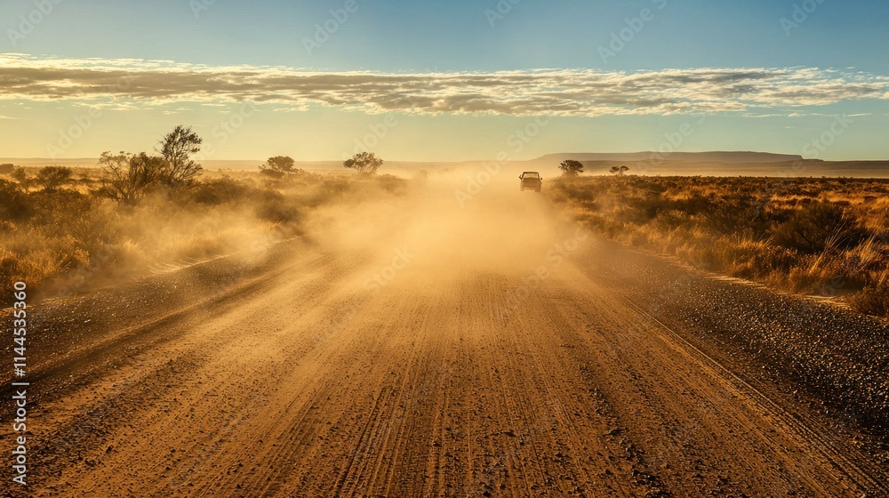 Obraz premium A dusty road in the middle of a desert, with a thick cloud of dust swirling in the air and a distant silhouette of a vehicle