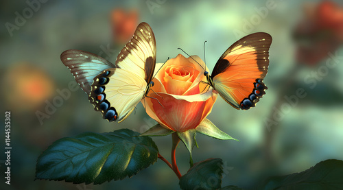 Two colorful butterflies rest on a blooming rose, surrounded by a soft, blurred background that enhances their vibrant colors.