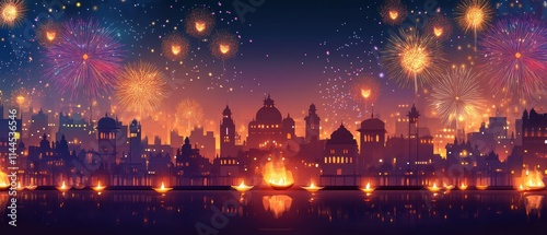 Aerial view of traditional diwali fireworks display in an indian city at night