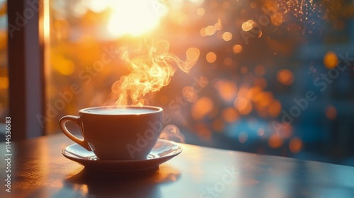 Wallpaper Mural Warm cup of coffee rests on a table as sunlight streams through the window in a cozy cafe during early morning Torontodigital.ca