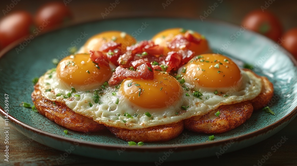 Fried eggs with bacon and potato pancakes on a plate. Fried eggs with bacon and potato pancakes on a plate.