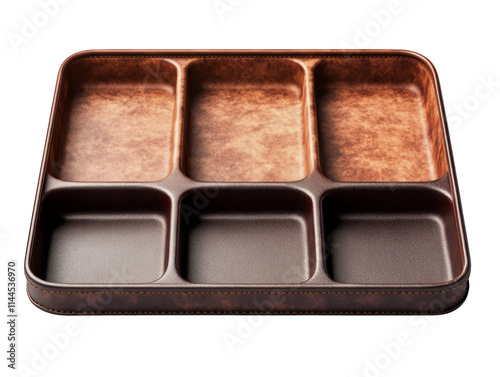 Rustic brown wooden serving tray with three compartments for snacks, condiments, or appetizers