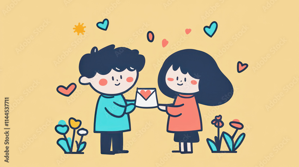 Couple exchanging a valentine love letter under a cheerful backdrop. Generative AI Couple exchanging a valentine love letter under a cheerful backdrop. Generative AI