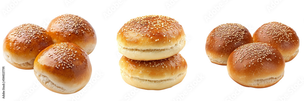 Set of A close-up of freshly baked golden-brown burger buns arranged in a rustic kitchen setting on transparent png background Set of A close-up of freshly baked golden-brown burger buns arranged in a rustic kitchen setting on transparent png background