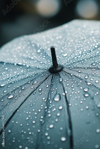 Raindrops collect on a dark umbrella, showcasing the beauty of nature during ...